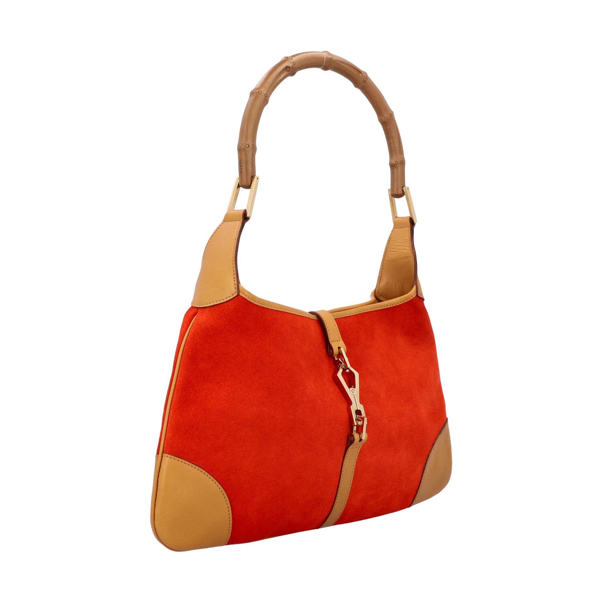 GUCCI Henkeltasche "JACKY-O".Modell im Material-Mix aus orangerotem Wildleder und cognacfarbenem - Bild 2 aus 8