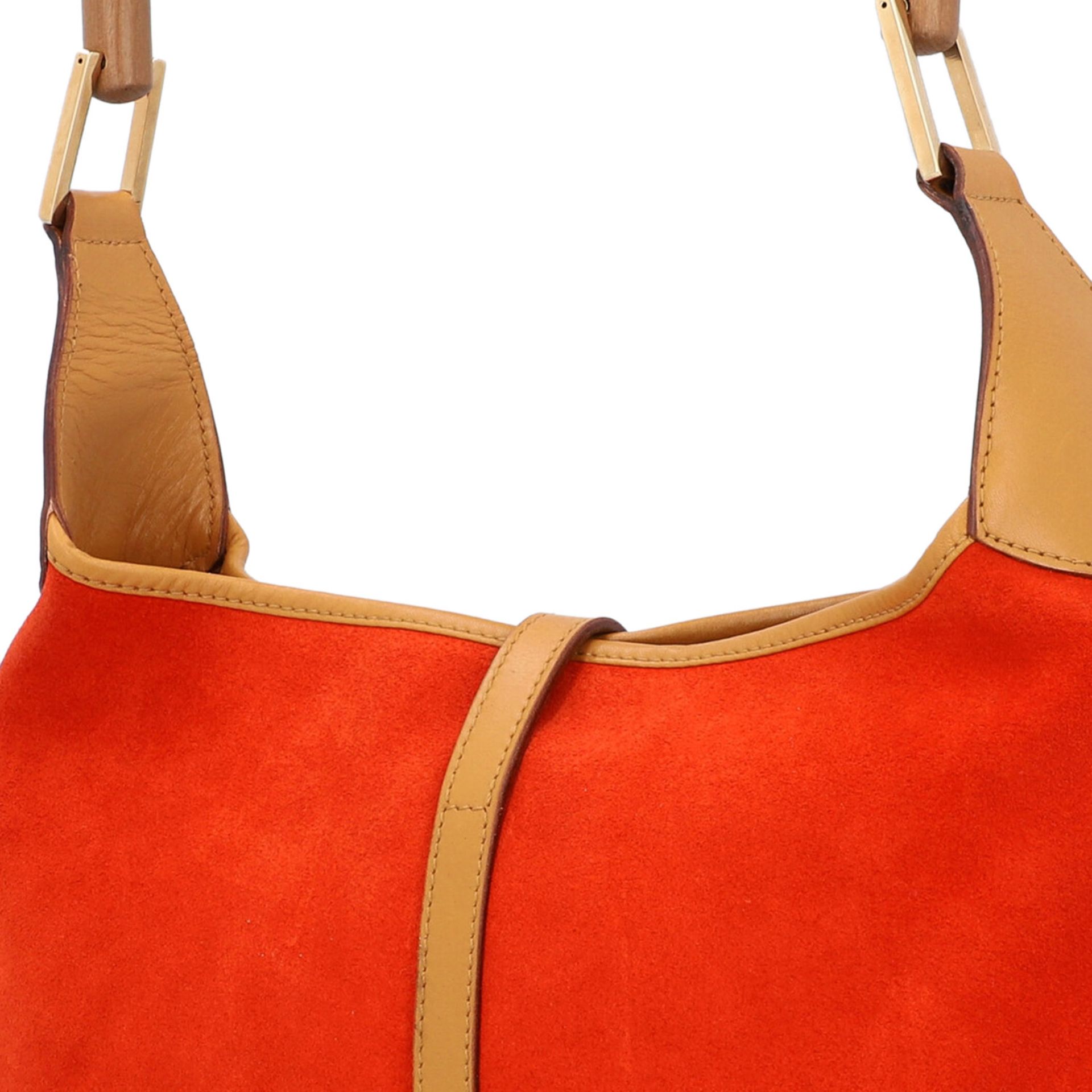 GUCCI Henkeltasche "JACKY-O".Modell im Material-Mix aus orangerotem Wildleder und cognacfarbenem - Bild 7 aus 8