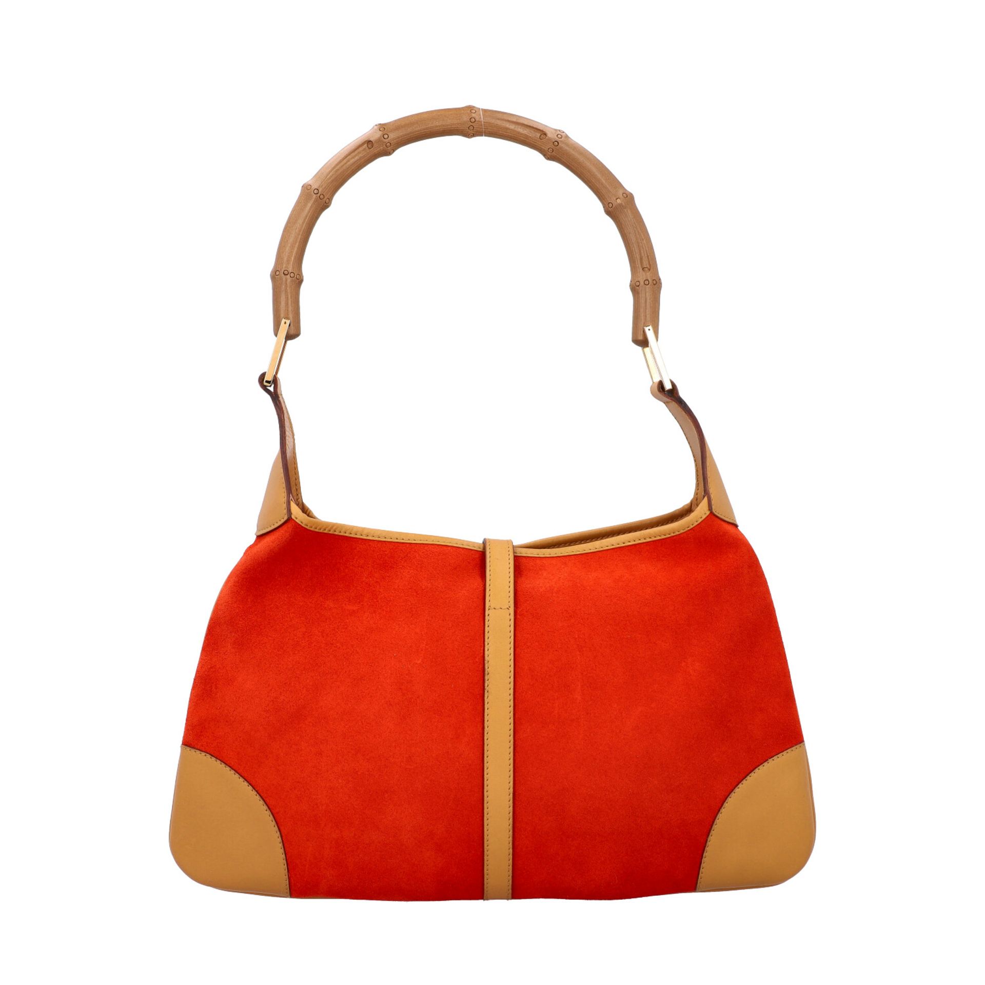 GUCCI Henkeltasche "JACKY-O".Modell im Material-Mix aus orangerotem Wildleder und cognacfarbenem - Bild 4 aus 8