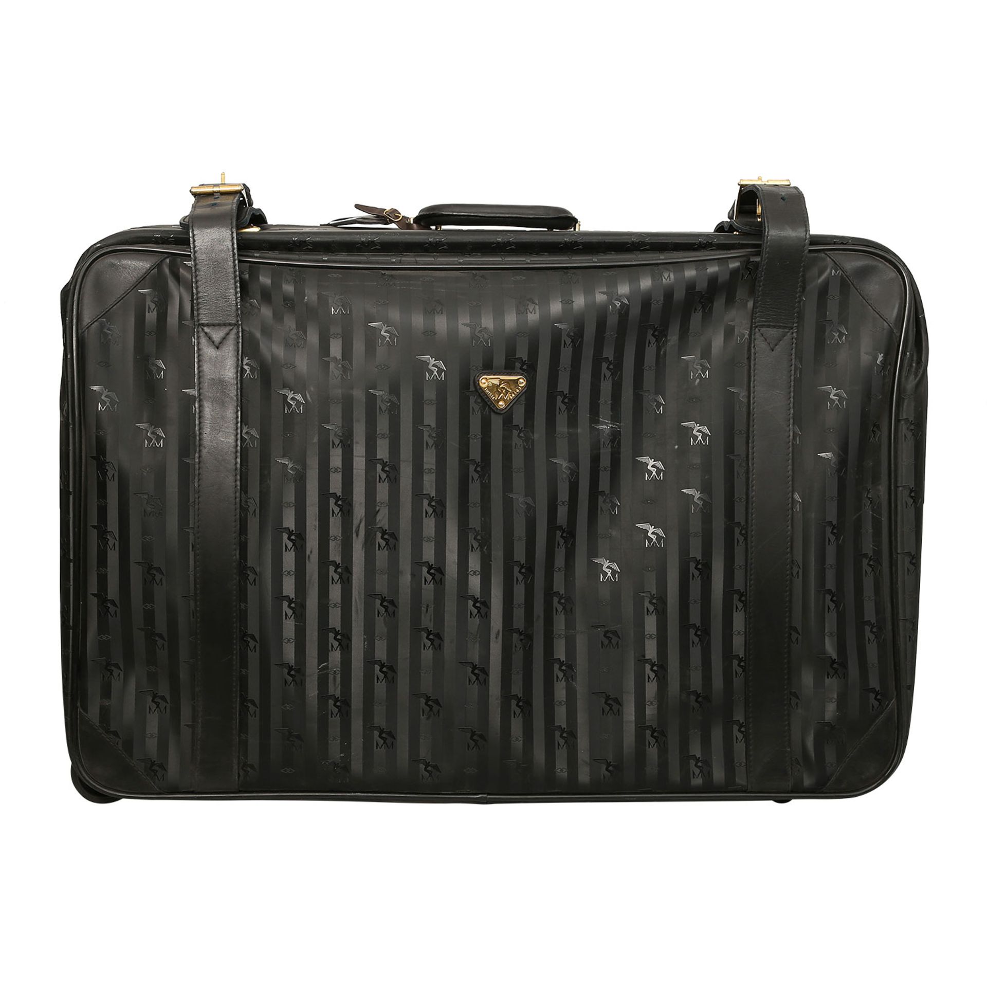 MAISON MOLLERUS VINTAGE Koffer.Synthetik in Schwarz mit Logo-Struktur und goldfarbener Hardware,