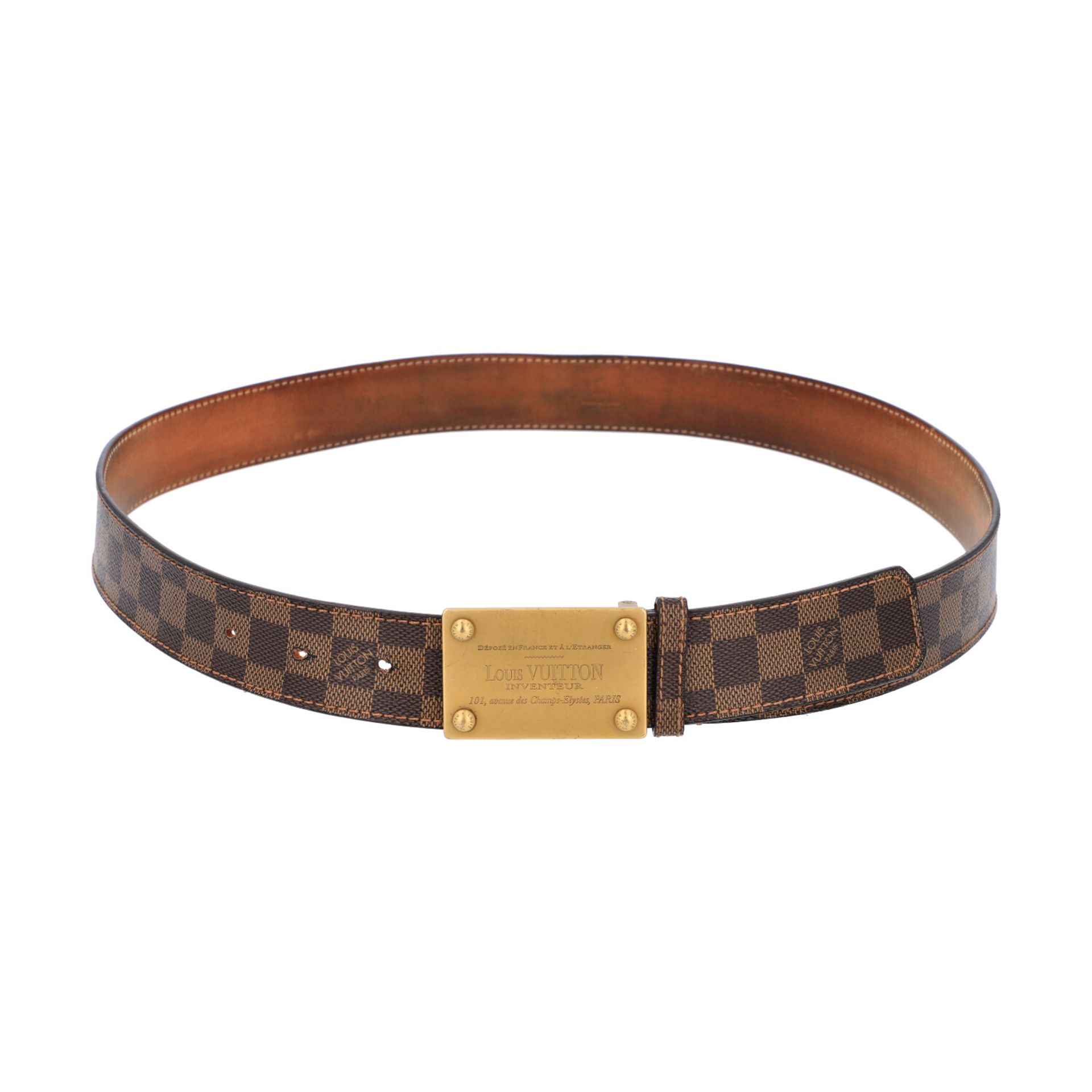 LOUIS VUITTON Gürtel, "INVENTEUR", Länge: 110cm.Damier Ebene Serie mit goldfarbener Logoschließe,