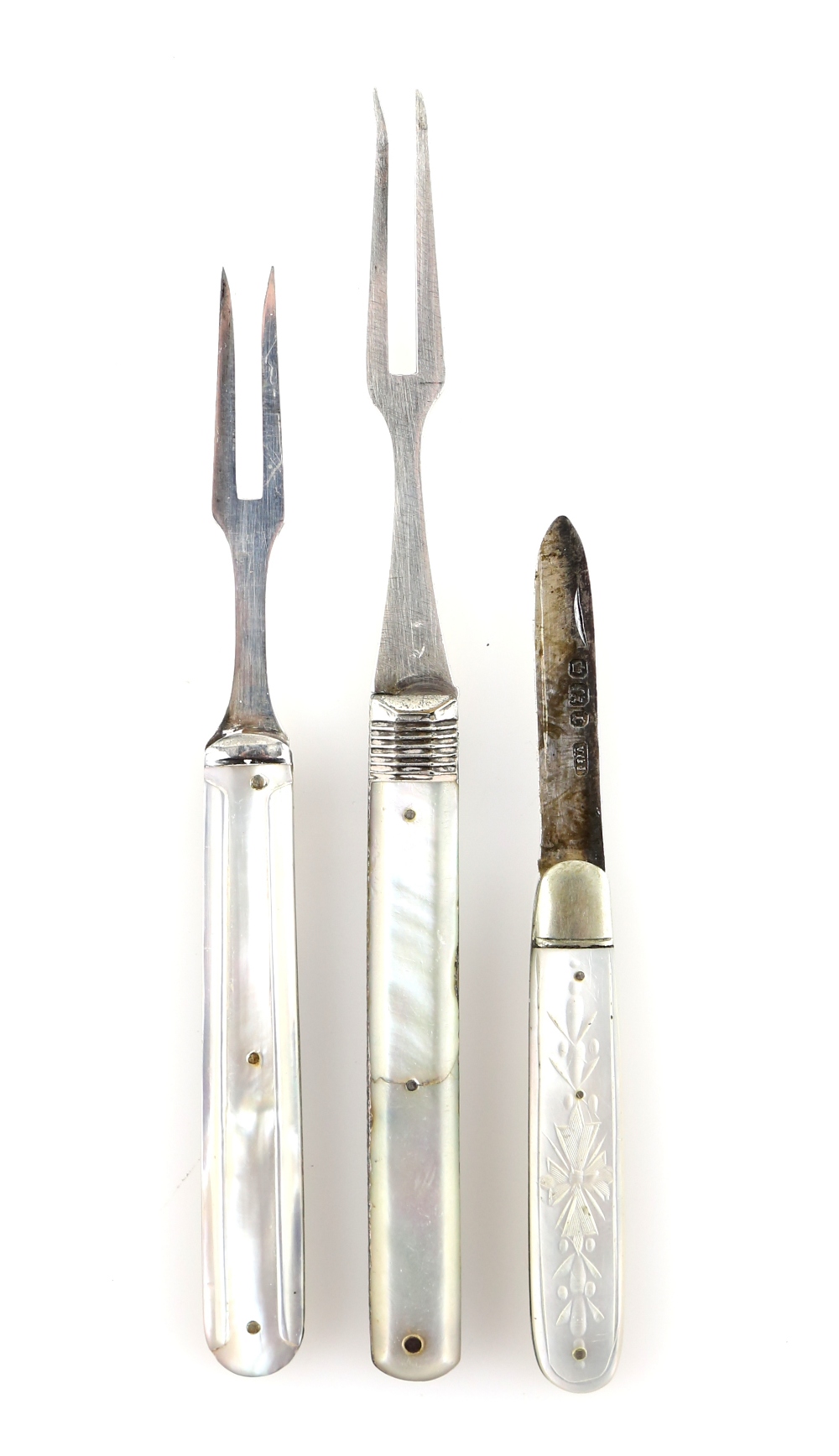 Two 19th Century folding silver fruit forks and a silver folding fruit knife, all with M.O.P