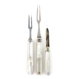 Two 19th Century folding silver fruit forks and a silver folding fruit knife, all with M.O.P