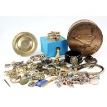A group of costume jewellery, including rings, amber pendants, earrings, rose quartz bangle, in