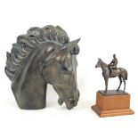 Bronzed plaster Horses Head and a figure of a horse with jockey