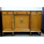 20th century French mahogany and marble topped inverted breakfront sideboard, with three drawers,