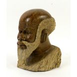 African carved stone bust of a bearded gentleman, another carved wood and two warrior figures