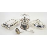 Two silver plated entree dishes, plated buscuit barrel, ladle