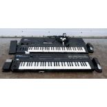Seven keyboards and cables, to include Roland D-50, Yamaha SY77, Yamaha mox6, Roland A88, Yamaha