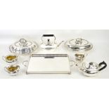 A selection of silver plated items including tureens and covers, tray, teapot, etc