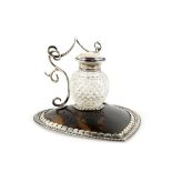 19th Century silver mounted tortoiseshell inkstand/ inkwell with pen rest, in heart shape