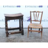 Edwardian mahogany armchair, oak joint stool and a childs chair