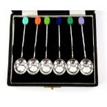 Cased set of multi-coloured coffee bean silver spoons, Sheffield 1935