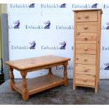 Pine coffee table and a modern seven drawer narrow chest, blue painted chest and open shelving