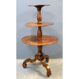 19th century Dutch mahogany and floral inlaid three tiered dumb waiter, 110cm high, diameter of