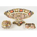 Royal Crown Derby Imari palette comport of oval form, small jar and cover and a dish, (3),