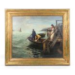 L. Curran, harbour scene with lady on steps and two men on a boat, signed, oil on canvas,