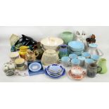 Collection of decorative china and other items including mugs, figures, Jasperware dish, etc