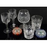 Various table glass including Dartington and two paperweights