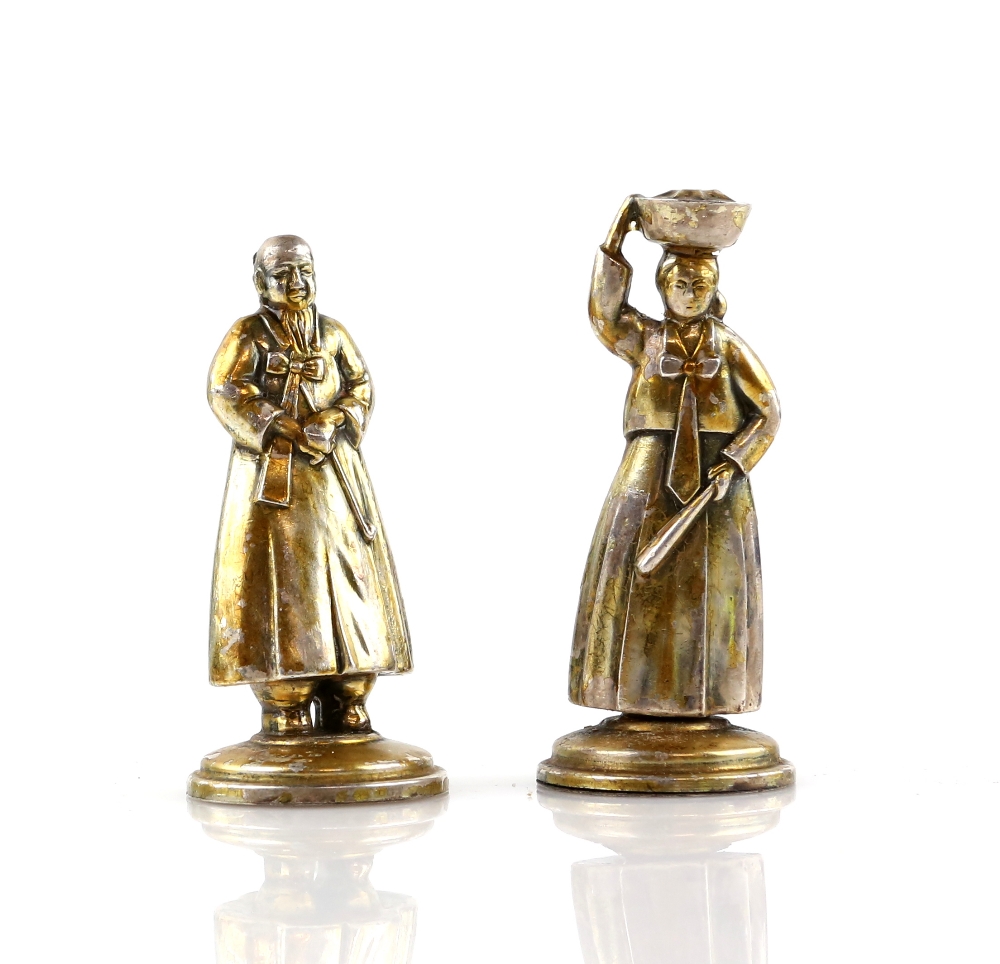 Novelty oriental Japanese silver 950 grade salt and pepper cruets in the form of a man and a woman