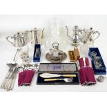 Silver plated coffee pot, tea pot, ladle, three glass decanters and other items,