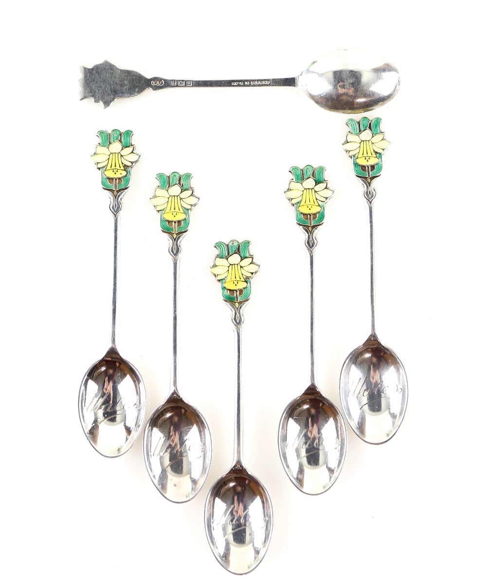 Set of six silver and enamel spoons with daffodil flower design, by Turner & Simpson, Birmingham