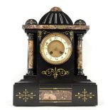 Black slate and coloured marble mantel clock with twin train movement and Arabic numerals,