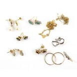 Mixed group of gold jewellery, diamond three stone ring, size L, pairs of earrings including one set