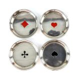 Set of four French silver and enamel dishes for bridge, each decorated with a suit of cards, 6 cm