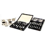 Silver condiment set, silver plated cased fish forks, etc
