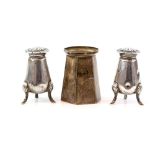 Hexagonal form Egyptian silver beaker and a pair of silver cruet with shell capped feet, Sheffield