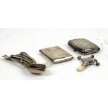 Selection of silver items including a child's rattle, cigarette case, teaspoons, vesta case, etc