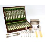 Group of silver items to include a set of apostle teaspoons, cigarette box, cased silver and rose