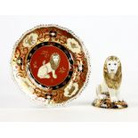 Royal Crown Derby Heraldic Lion trinket box, figurine and plate