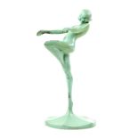 Frankart Art Deco female nude figure of a dancer in green painted spelter, 24.5cm. CONDITION, some