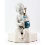 After Andrea Della Robbia, white and blue pottery figure of a boy playing bagpipes, on square