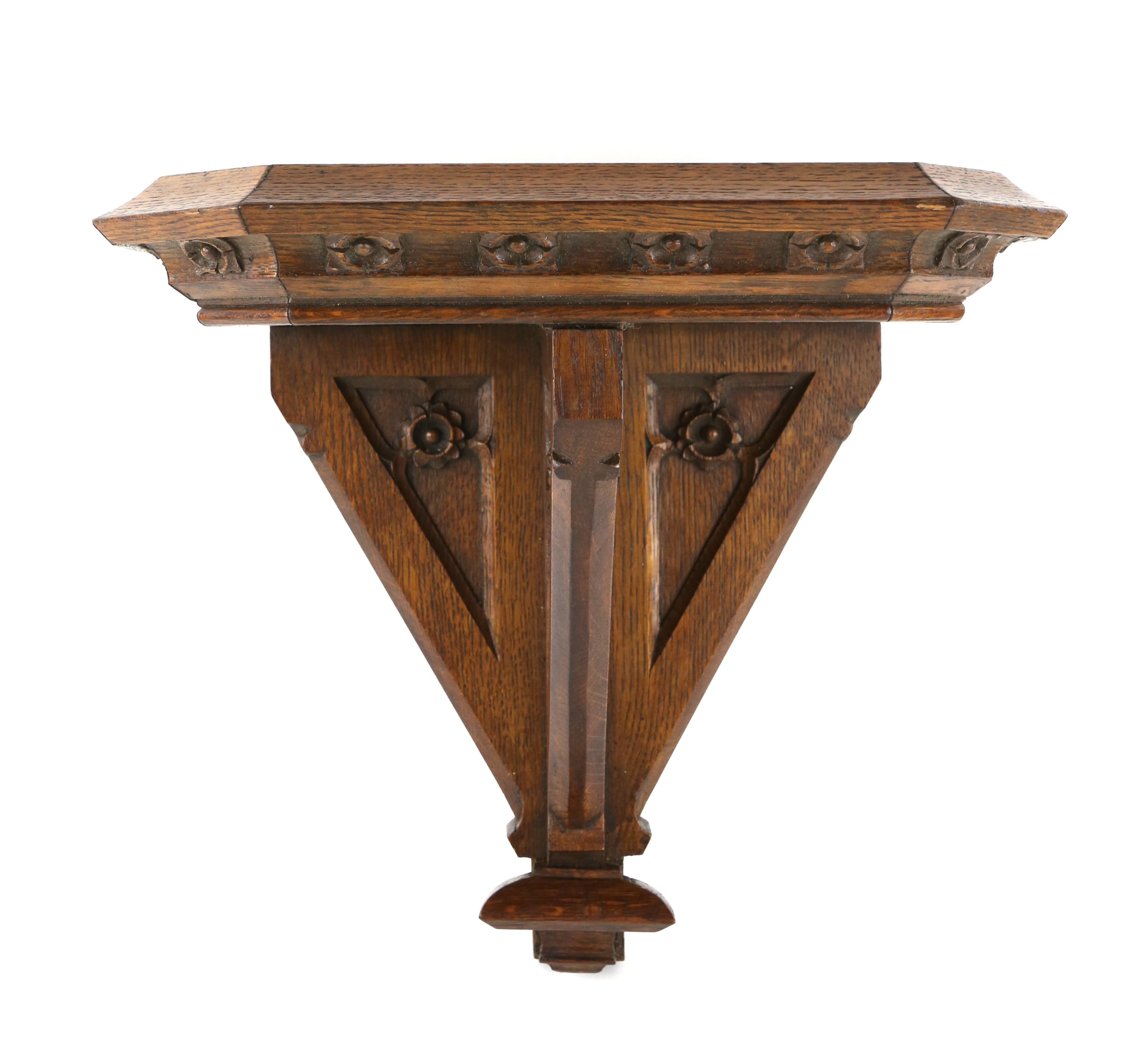 Oak Gothic Revival wall shelf with carved flower heads, 39 x 36 cm . Two side sections missing on