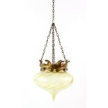 Pale yellow vaseline glass ceiling light with gilt metal mount, 23cm high,. Overall condition