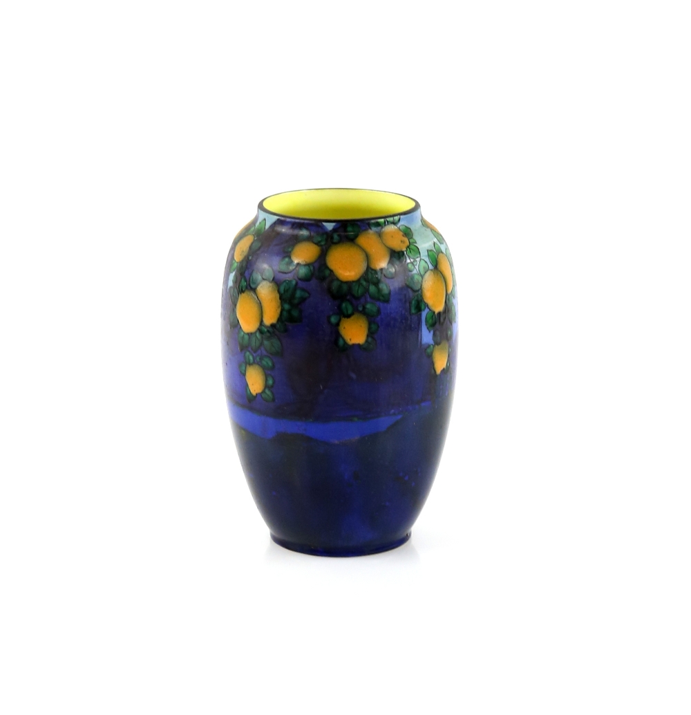 Doulton an early 20th C porcelain vase painted in enamels, orange trees on a blue landscape, 16.5cm. - Image 2 of 3