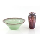 Okra glass vase with iridescent trailing on a pink ground, signed, 18.5 cm, and a Vasart bowl with