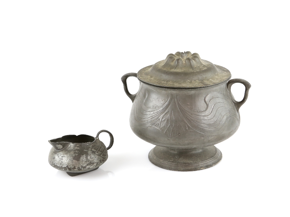 Orivit a pewter punch bowl with Secessionist decoration, and a Tudric pewter cream jug, numbered