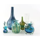 A group of mid-century glass, Mdina sand & sea bottle vase, an ovoid vase, and three others, Timo