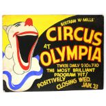 Bertram W Mills Circus at Olympia - Positively Closing Jan 23rd, featuring a clown, original hand