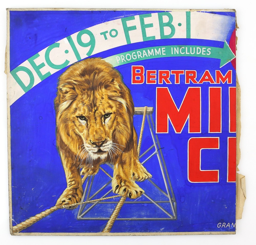 Bertram Mills - Lion on a tightrope walk, original hand painted poster artwork, on board, 31 x 31