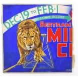 Bertram Mills - Lion on a tightrope walk, original hand painted poster artwork, on board, 31 x 31