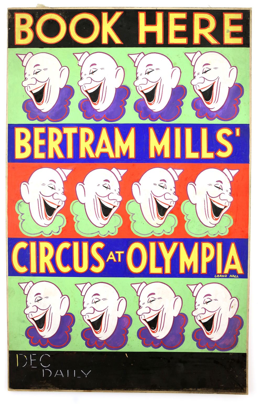 Bertram Mills Circus at Olympia - 'Book Here', featuring three rows of clowns, original hand painted