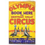 Bertram Mills Circus, Olympia - Box office featuring five sea lions, original hand painted poster