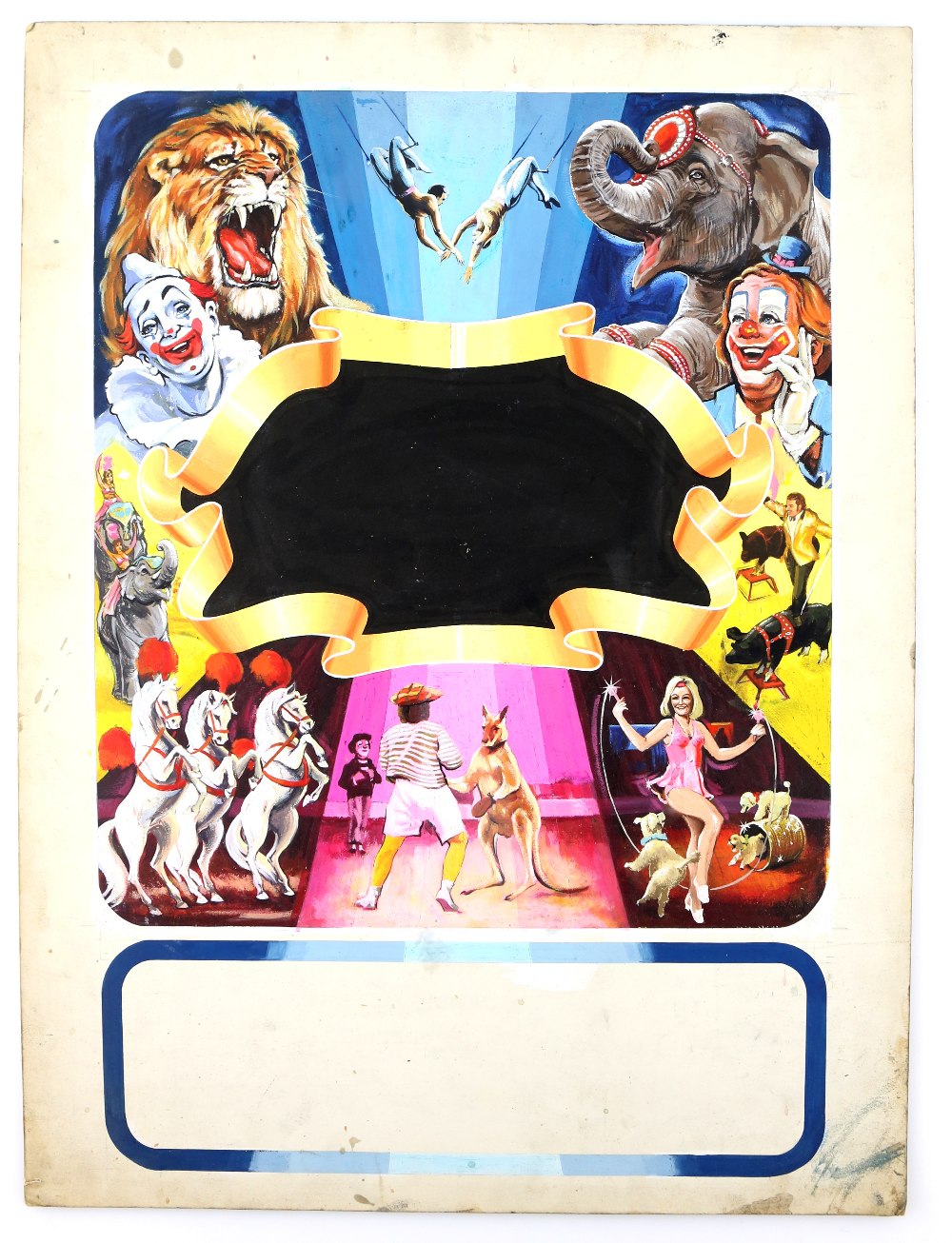 Circus artwork including horses, clowns, dogs, lion and elephant, original hand painted poster