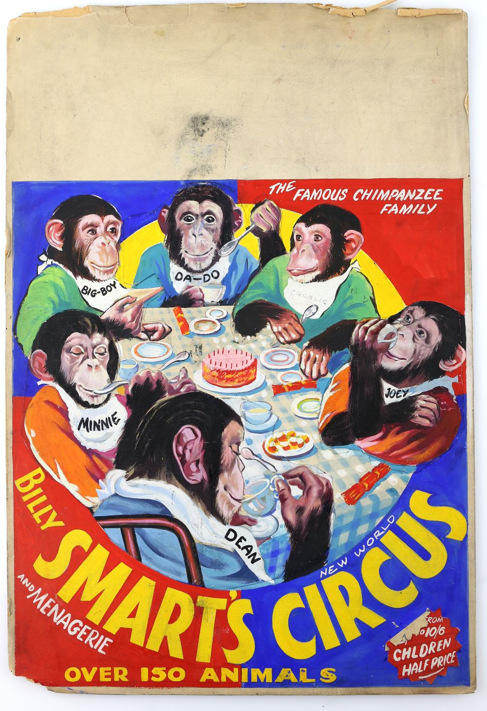 Billy Smart's Circus and Menagerie, 'The Famous Chimpanzee Family', original hand painted poster