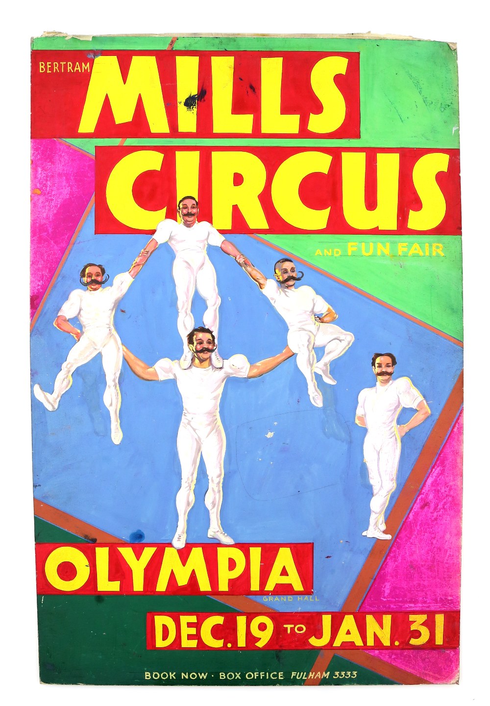 Bertram Mills Circus and Fun Fair, Olympia, with five acrobats, original hand painted poster